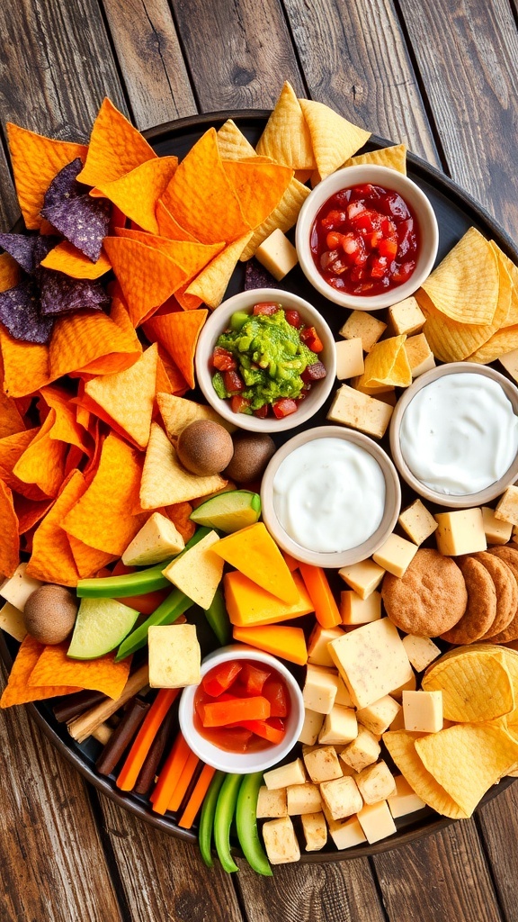 A colorful chips and dip charcuterie board with various chips and dips on a wooden table.